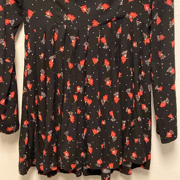 Free People Teagan Black Floral Deep V Neck Open Back Bell Sleeve Mini Dress - Picture 9 of 12